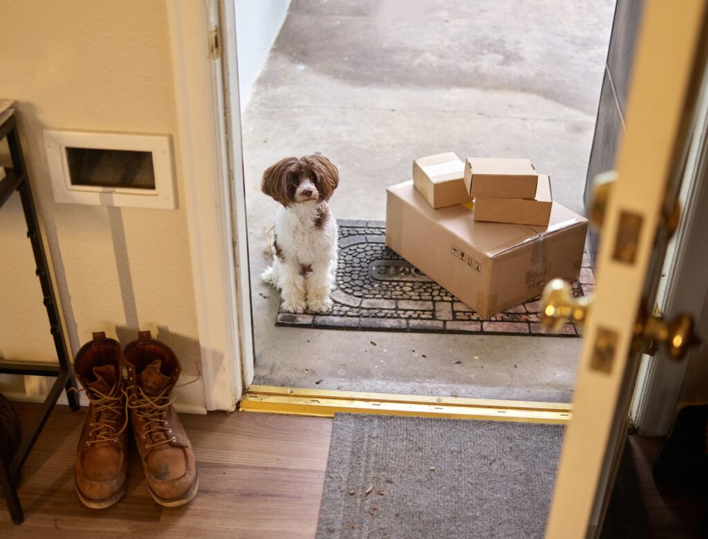 Adorable dog waiting by the door with delivered packages on the welcome mat.