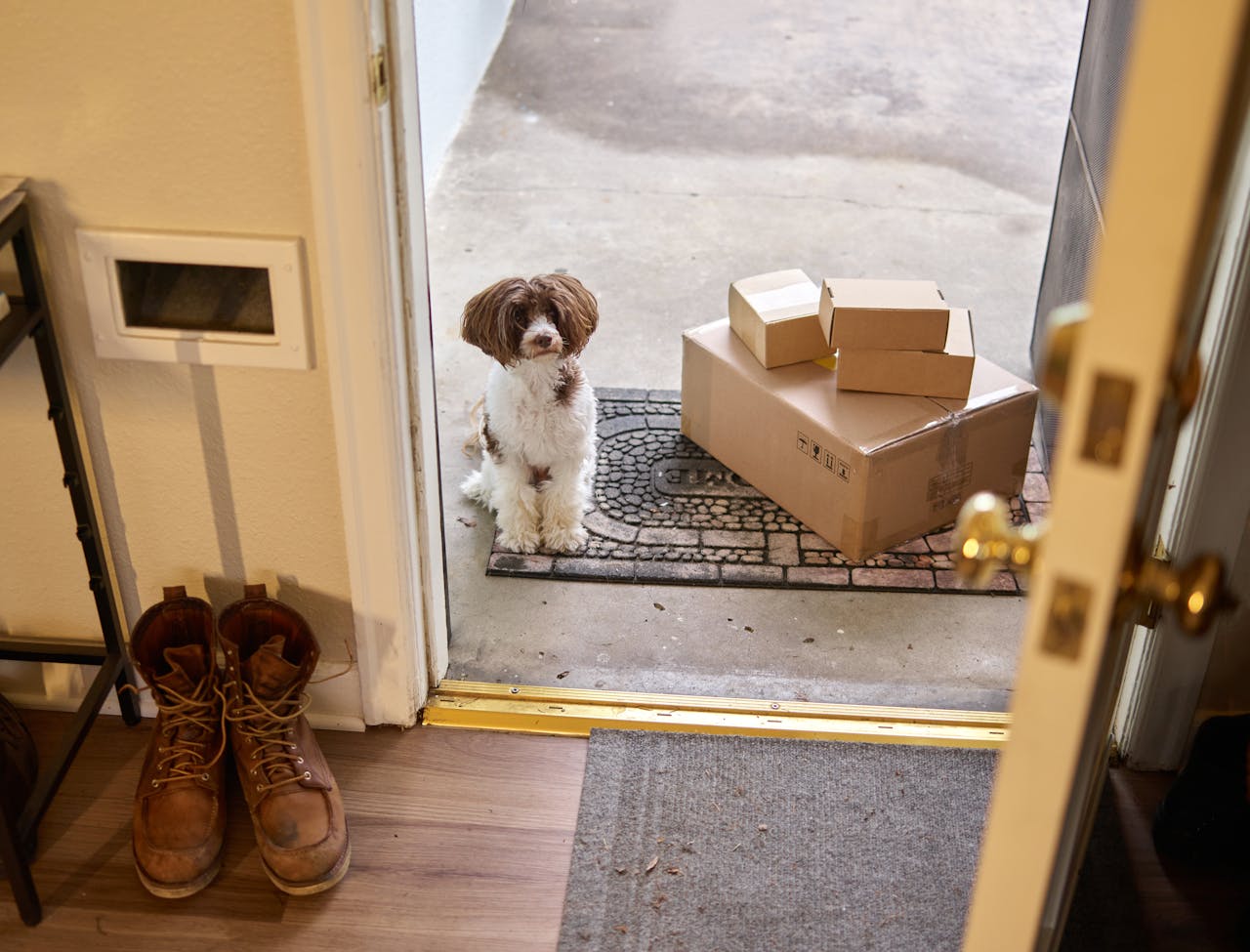 hero-img-02 Adorable dog waiting by the door with delivered packages on the welcome mat.